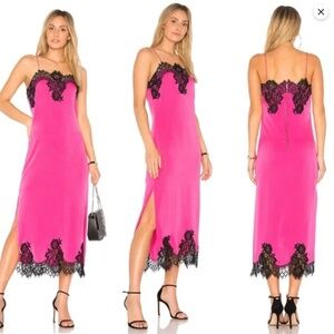 Alice + Olivia Vibrant Pink Slip Midi Dress with Black Lace Accents